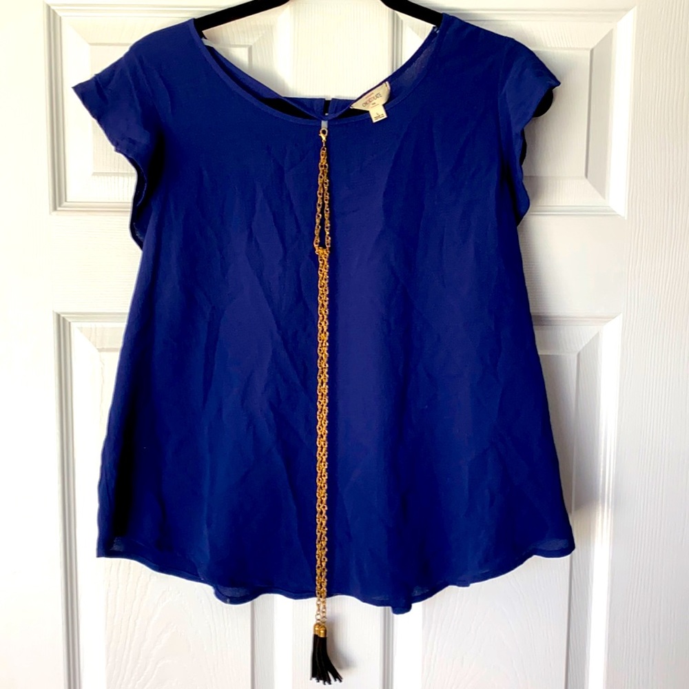 Like New Chocolate Navy Blue blouse with ruffle sleeves